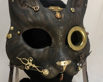 Cat Mask, steampunk costume, "Clockwork Cat 3", gears, Masquerade, theatre, festival, storytelling art gold black copper iron