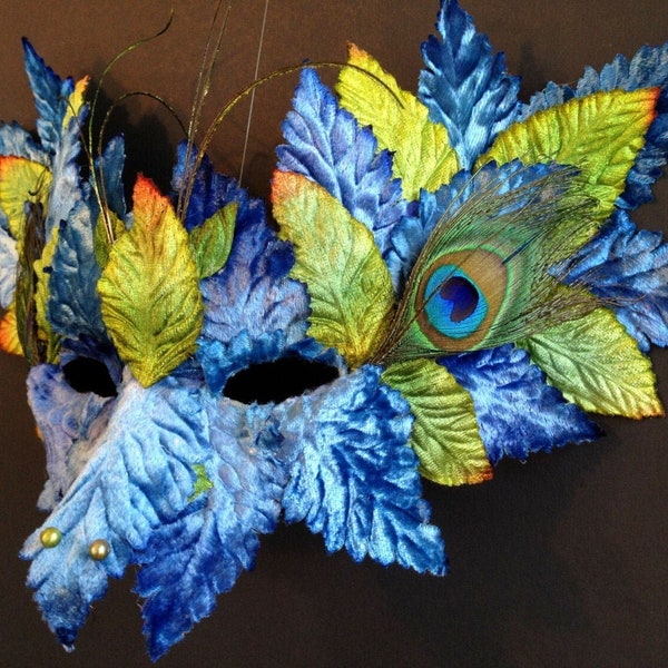 Blue Dragon Mask, Fantasy Mask, Blue and green Creature Mask, Velvet, Masquerade, Cosplay, Wearable Art, Peacock, feathers