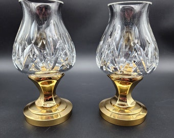 Waterford Crystal Belmont Hurricane Lamp Set Brass Candlestick Holder Bases