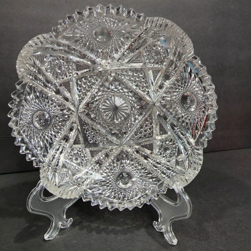 Vintage Imperial Glass Nucut Crystal Ware Pressed Glass Hobstar Saw Tooth Edge Trim Low Bowl EAPG American Brilliant Formal shops Event Dinnerware
