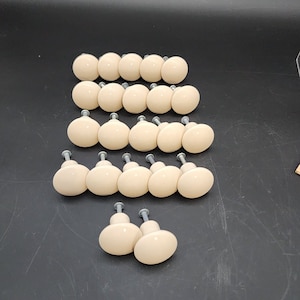 Könnte beinhalten: Eine Sammlung cremefarbener Schrankknöpfe mit silberner Hardware. Die Knöpfe sind in ordentlichen Reihen angeordnet und zeigen ihre abgerundete, ovale Form. Die Hardware umfasst eine Silberschraube für eine einfache Installation.