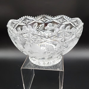 Bohemian Czech Cut Lead Crystal Etched Floral Rose Large 8.25" Decorative Glass Bowl Display / Serveware Brilliant Cut Stunning Glass Bowl
