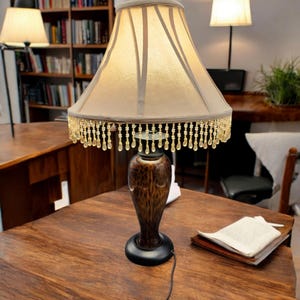 May include: A decorative table lamp with a beige lampshade and a brown base. The lampshade has a beaded fringe. The lamp sits on a wooden table with an open book. The lamp is plugged into an electrical outlet.