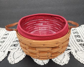 1989 Longaberger Basket Large 10" Round Basket With Wine Color Fabric Liner, Protector Insert And Leather Handles