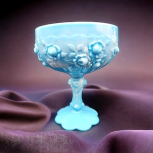 Fenton Slag Glass &#39;Cabbage Rose&#39; Satin Blue & White Slag Glass Compote Pedestal Bowl Home Decor Serving Or Displaying