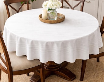 Large Round Fabric Tablecloth 69" Dia. Lightly Striped Ivory Color, Vintage