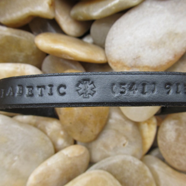 Thin Tooled Leather Bracelet - Medical Alert Cuff - Custom Personalized - Men Women Boy Girl - Black - Phone Number and/or Name