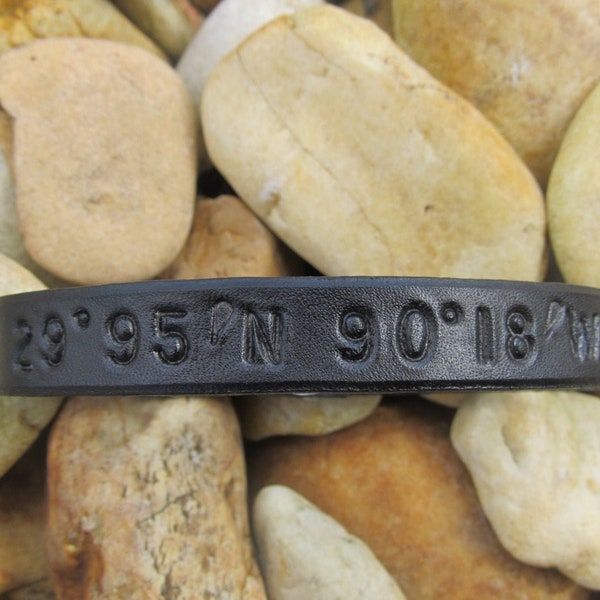 Mens Leather Bracelet Cuff - Latitude Longitude GPS Custom Coordinates - Solid Black - Mens Womens Boy Girl Kids Children