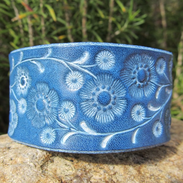 Sarah's Artistry - Hand Painted Tooled Leather Cuff Bracelet - Wide Blue Floral Vine - Women Girl