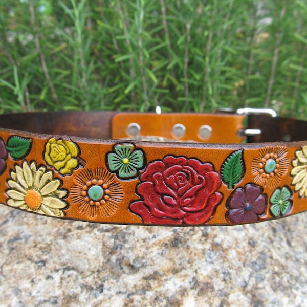 Leather Tooled Hand Painted Collar - Colorful Flowers 1 inch wide - luxurious dog collar Daisies Roses