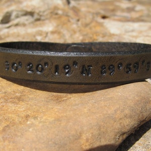 Custom Leather Cuff Bracelet, Latitude Longitude GPS Coordinates, 3rd Anniversary Gift, Gift for Him, Gift for Her, Leather Bracelet Bangle