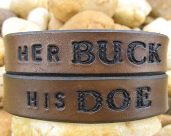 Hand Tooled Leather Bracelet Cuff - Her Buck His Doe - Set of Two - His Hers - Mens Womens Girl Boy - Brown