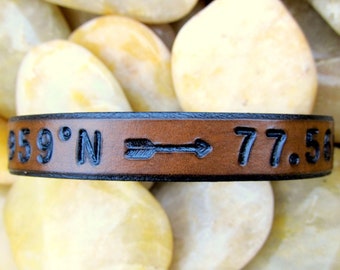 Customized Leather Bracelet, Mens Womens Personalized Leather Bracelet, Latitude Longitude, Custom Coordinates Leather Cuff, 3rd Anniversary