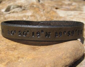 Custom Leather Cuff Bracelet, Latitude Longitude GPS Coordinates, 3rd Anniversary Gift, Gift for Him, Gift for Her, Leather Bracelet Bangle