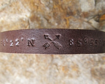 Custom Coordinates - Mens Womens Personalized Leather Bracelet - Latitude Longitude GPS Coordinates Leather Cuff - Single or Double Arrow