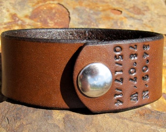 Personalized Leather Bracelet Mens Womens Custom Cuff - Special Date Latitude Longitude GPS Coordinates - 1 1/4 inch wide - Men or Women