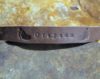 Personalized Custom Leather Bracelet - New Baby - Birthday - Name - Date - Custom Mens Womens Cuff - In Loving Memory Of - Baby Feet