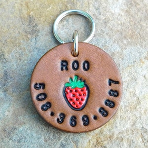 Custom Silent Leather Dog Cat Pet ID Tag, Tiny Red Strawberry, Personalized Name and or Number Round Tag Custom, Male Female