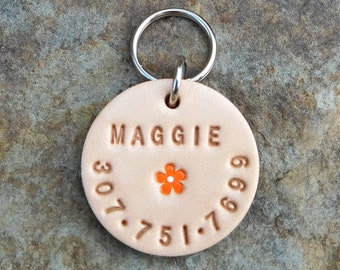 Custom Silent Leather Dog Cat Pet ID Tag, Tiny Flower, Personalized Name and or Number 1 1/4 inch Round Custom, Female, Girl Dog, Boy Dog