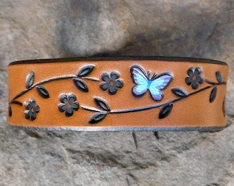Leather Bracelet for Women Petite Flower Vine with Turquoise Butterfly, Womens leather bracelet Cuff, Leather Wristband 3rd Anniversary Gift