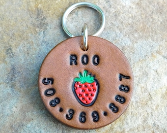 Custom Silent Leather Dog Cat Pet ID Tag, Tiny Red Strawberry, Personalized Name and or Number Round Tag Custom, Male Female