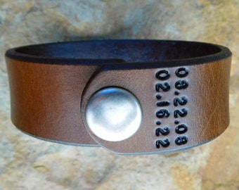 Personalized Leather Bracelet Mens Womens Custom Cuff, Special Date, Birth Date, Men or Women, unisex