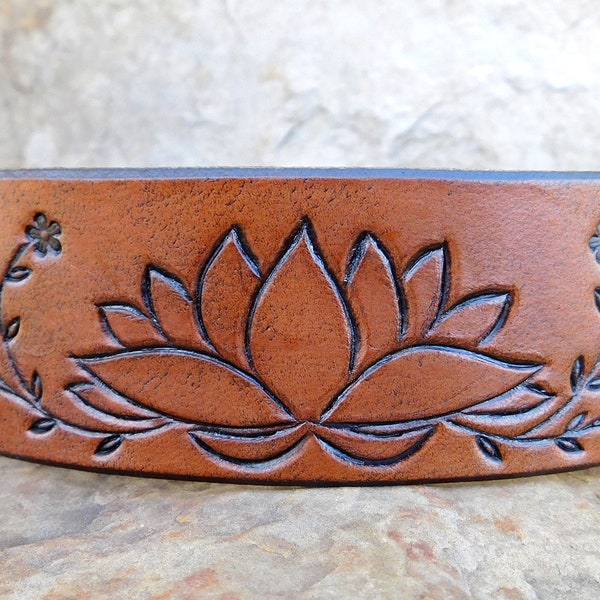 Sarah's Artistry, Hand Painted Tooled Leather Cuff Bracelet, Wide, Lotus Flower and Floral Vine, Gift for Women Girls, 3rd Anniversary, Snap
