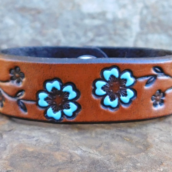 Turquoise Womens Leather Cuff Bracelet, Wide, Cherry Blossom Floral Vine Cuff Turquoise, Gift for Her Women Girls, 3rd Anniversary, Snap