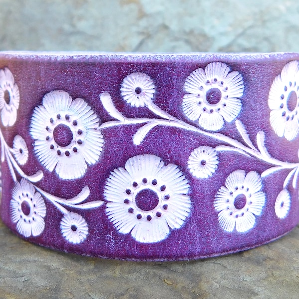 Womens Personalized Leather Cuff Bracelet, Wide Purple Floral Vine, Womens leather bracelet, Leather Wristband Bracelet Women, Gift for Her