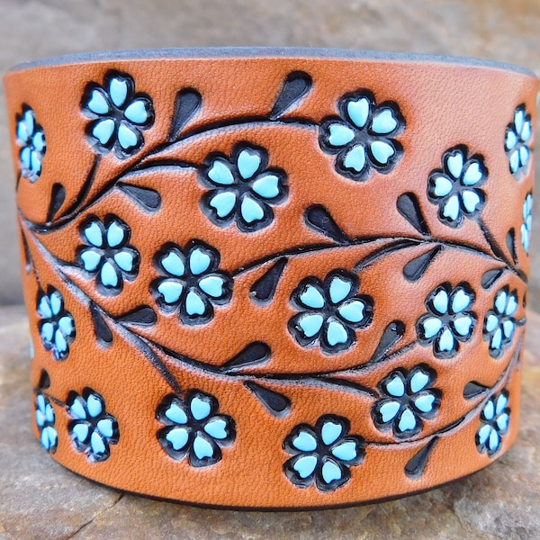 Wide Turquoise Leather Cuff Bracelet Custom, Bracelet for Women, Gift for Her, Anniversary Birthday Floral Vine, Wide Rustic Cuff for Women