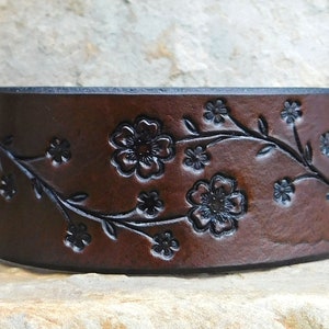 Sarah's Artistry, Hand Painted Tooled Leather Cuff Bracelet, Wide, Cherry Blossom Floral Vine, Gift for Women Girls, 3rd Anniversary, Snap image 1