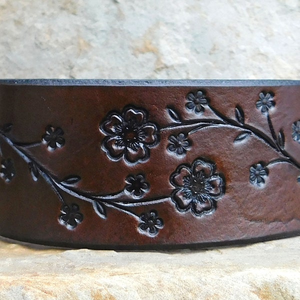 Sarah's Artistry, Hand Painted Tooled Leather Cuff Bracelet, Wide, Cherry Blossom Floral Vine, Gift for Women Girls, 3rd Anniversary, Snap