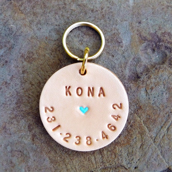 Custom Silent Leather Dog Cat Pet ID Tag, Personalized Name and or Number 1 1/4 inch Round Custom, Very Tiny Turquoise Heart, Male Female