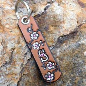 Custom Initial Leather Key Fob Keychain, Cherry Blossom Branch, Personalized Custom Womens Leather Keychain, Third Anniversary Wedding Gift