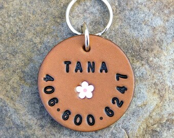 Custom Silent Leather Dog Cat Pet ID Tag, Personalized Name and or Number Round Custom ID Tag, Tiny Pink Petite Flower, Female Dog Pet Tag