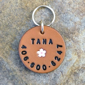 Custom Silent Leather Dog Cat Pet ID Tag, Personalized Name and or Number Round Custom ID Tag, Tiny Pink Petite Flower, Female Dog Pet Tag