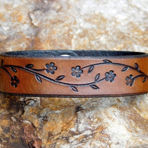 Leather Bracelet for Women Petite Flower Vine, Womens leather bracelet Cuff, Leather Wristband Bracelet Women, Gift for Her, 3rd Anniversary