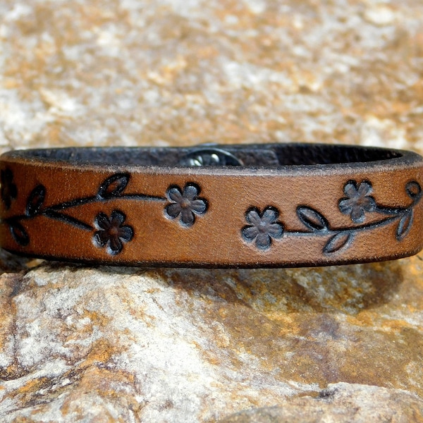 Personalized Custom Leather Cuff Bracelet Petite Flowers on Vine - 1/2 inch Medium Brown or another color - Women Girl Birthday Anniversary