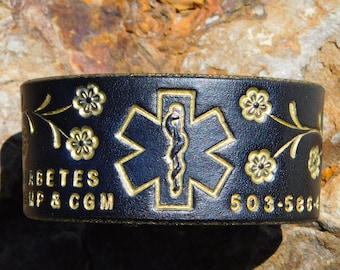 Medical Alert Bracelet Women, Diabetic Bracelet, Medical Jewelry, Leather Medic ID Bracelet, Bracelet Kid, Black and Gold Petite Floral Vine