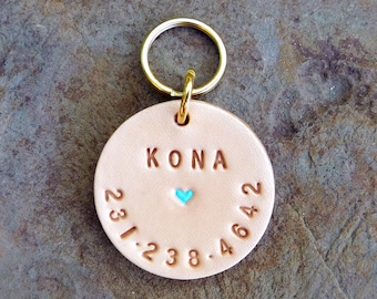 Custom Silent Leather Dog Cat Pet ID Tag, Personalized Name and or Number 1 1/4 inch Round Custom, Very Tiny Turquoise Heart, Male Female