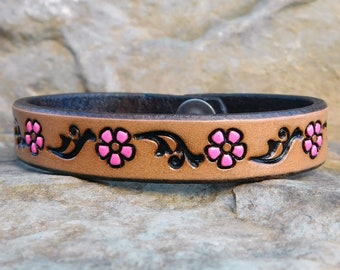 Women's Leather Bracelet, Thin Pink Flower Vine, Womens Leather Cuff, Leather Wristband Bracelet Women, Gift for Her, 3rd Anniversary Gift