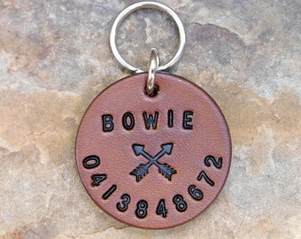 Custom Silent Leather Dog Cat Pet ID Tag, Custom Personalized Name and Number 1 1/4 inch Round Arrows Brown with Silver, Male Female Dog Cat