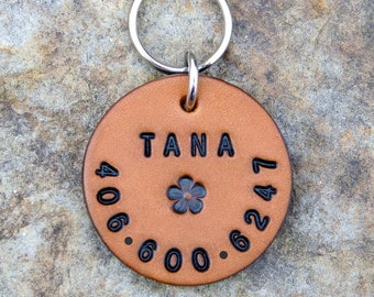 Custom Silent Leather Dog Cat Pet ID Tag, Personalized Name and or Number Round Custom ID Tag, Tiny Petite Flower, Female Dog or Cat Pet Tag