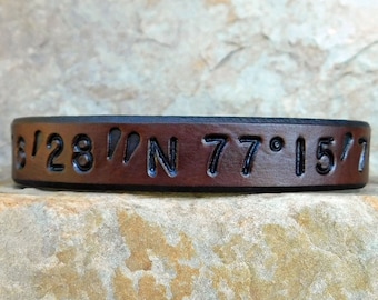 Mens Womens Leather Bracelet Latitude Longitude Bracelet, Personalized Bracelet, GPS Cuff, Men Leather Bracelet, Custom Coordinates Bracelet