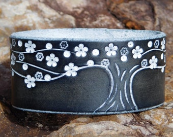 Leather Bracelet for Women, Wide Cherry Blossom Tree Branch, Womens leather bracelet, Leather Wristband Bracelet Women, 3rd Anniversary Gift