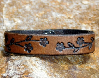 Personalized Custom Leather Cuff Bracelet Petite Flowers on Vine - 1/2 inch Medium Brown or another color - Women Girl Birthday Anniversary