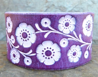 Womens Personalized Leather Cuff Bracelet, Wide Purple Floral Vine, Womens leather bracelet, Leather Wristband Bracelet Women, Gift for Her