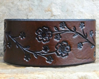 Sarah's Artistry, Hand Painted Tooled Leather Cuff Bracelet, Wide, Cherry Blossom Floral Vine, Gift for Women Girls, 3rd Anniversary, Snap