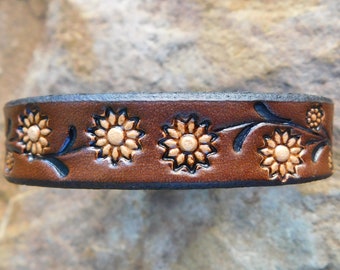 Leather Bracelet for Women, Sunflower Vine, Womens Flower Leather Cuff, Leather Wristband Bracelet Women, Gift for Her, 3rd Anniversary