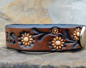 Leather Bracelet for Women, Sunflower Vine, Womens Flower Leather Cuff, Leather Wristband Bracelet Women, Gift for Her, 3rd Anniversary